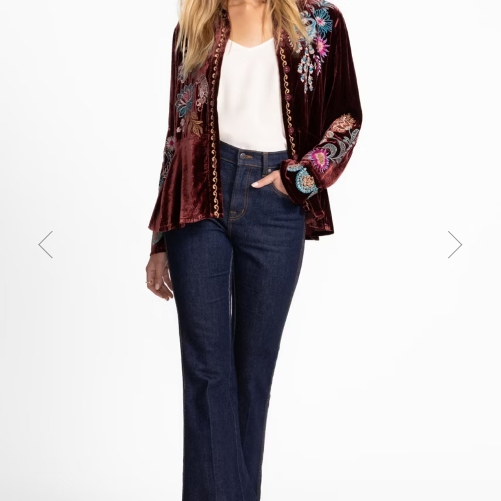 Johnny Was Burgundy Velvet Blazer with Colorful Embroidery